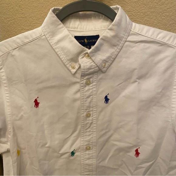 RALPH LAUREN Boys Teens Polo Pony Oxford Multicolor All Over Embroidery Top-XL - Picture 2 of 9
